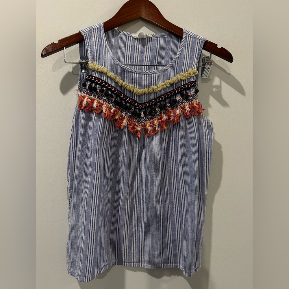 THML Blue and White Striped Tank Top with Colorful Embellishments Size M